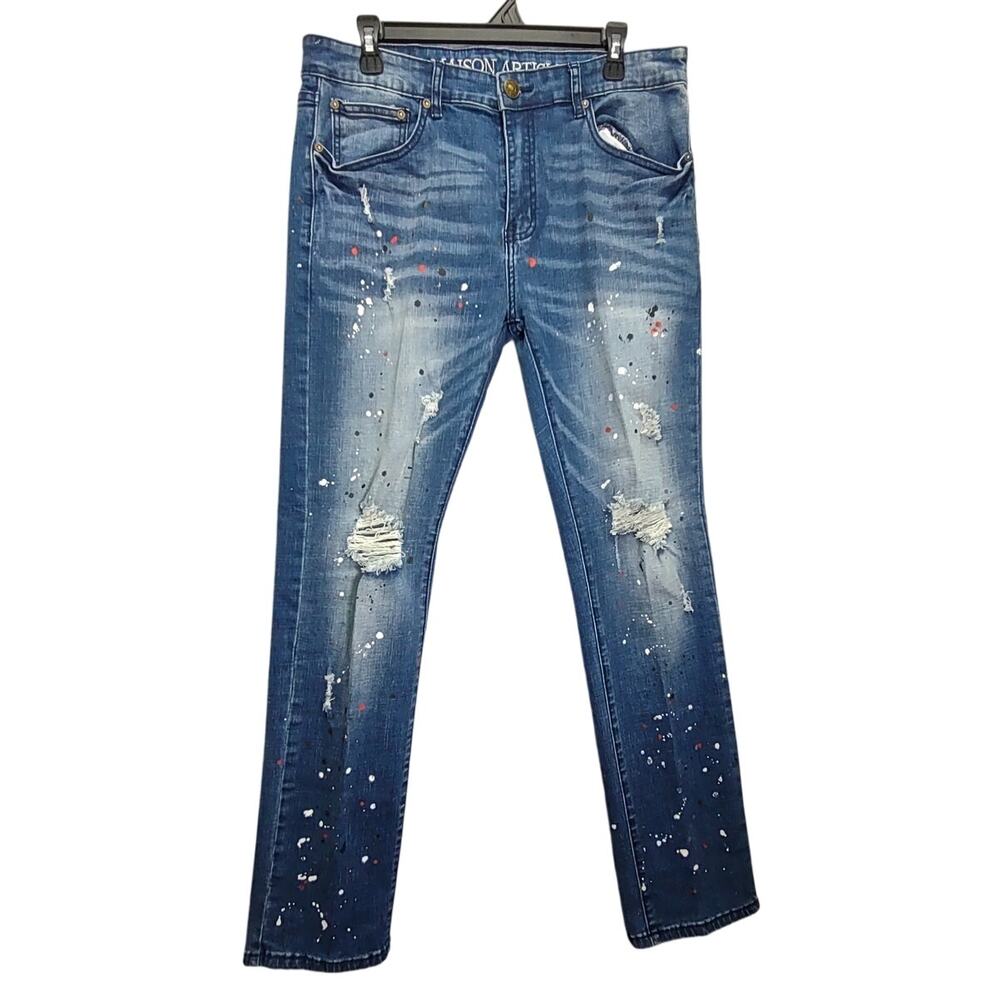 Maison Article Johnny Straight Leg Paint Splatter Mens Blue Denim Jeans pants